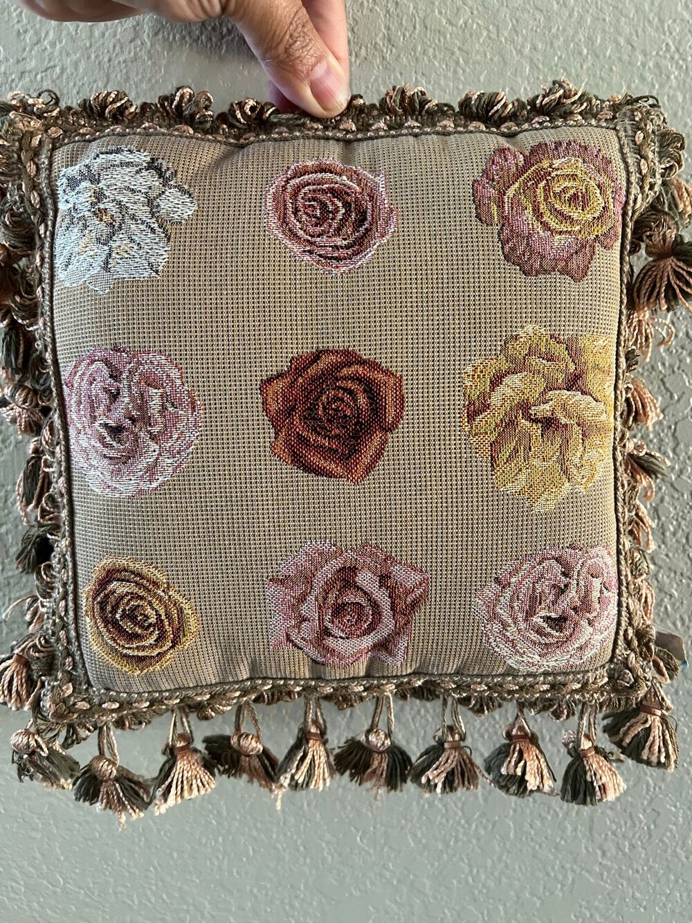 Vintage Needlepoint Floral Rose Throw Pillow with Tassel Fringe – 8" x 8"